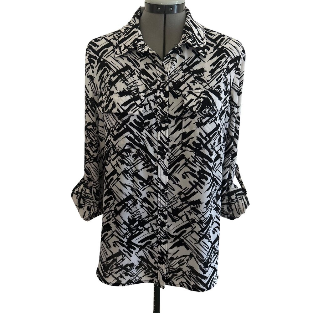 Black & White Abstract Print Button-Up Shirt With Roll-Tab Sleeves Large